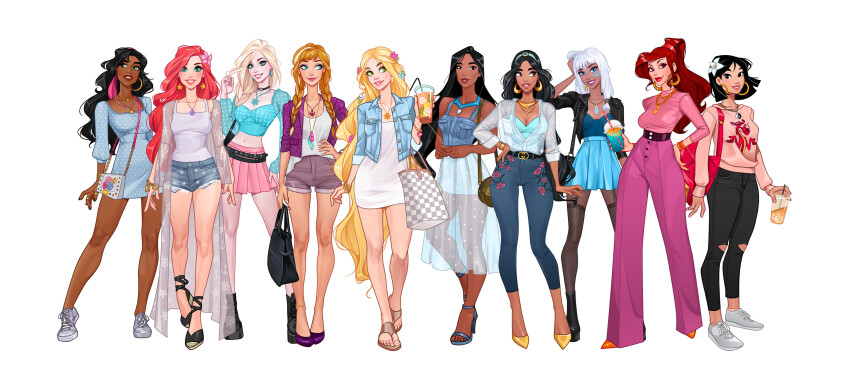 6+girls absurdres aladdin_(movie) alternate_costume anna_(frozen) aqua_eyes ariel_(disney) atlantis:_the_lost_empire bag black_eyes black_hair black_jacket blonde_hair blue_dress blue_eyes blue_skirt bracelet braid breasts choker cleavage company_connection contemporary contrapposto crop_top cup cutoffs dark-skinned_female dark_skin disney disney_princess dress earrings elbow_carry elsa_(frozen) esmeralda_(disney) fa_mulan_(disney) flower freckles frozen_(disney) green_eyes hair_flower hair_ornament hand_on_own_hip handbag hercules_(1997_film) high_heels highres holding holding_cup hoop_earrings humanization jacket jasmine_(disney) jewelry kidagakash large_breasts long_hair looking_at_viewer medium_breasts megara_(disney) midriff mulan_(movie) multiple_girls mushu_(disney) navel necklace olena_minko open_clothes open_jacket orange_hair parted_lips pink_skirt pleated_skirt pocahontas_(disney) pocahontas_(movie) ponytail rapunzel_(disney) red_eyes red_hair ring short_hair short_shorts shorts simple_background single_braid single_earring skirt standing tangled the_hunchback_of_notre_dame the_little_mermaid_(disney) thigh_gap thighhighs twin_braids very_long_hair white_background white_dress white_hair yin_yang