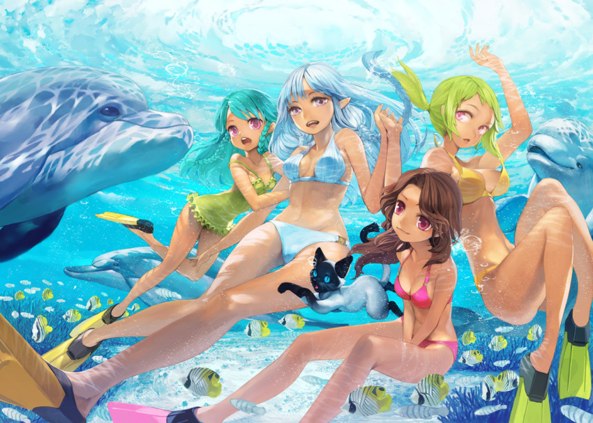4girls bikini braid breasts brown_hair casual_one-piece_swimsuit cat caustics cleavage dolphin ffion fish flippers freediving green_hair imminent_rape long_hair mabinogi meles meriel multiple_girls one-piece_swimsuit open_mouth pointy_ears ponytail purple_eyes red_eyes silver_hair swimsuit toro_(konirio) twin_braids underwater vena wardrobe_malfunction water