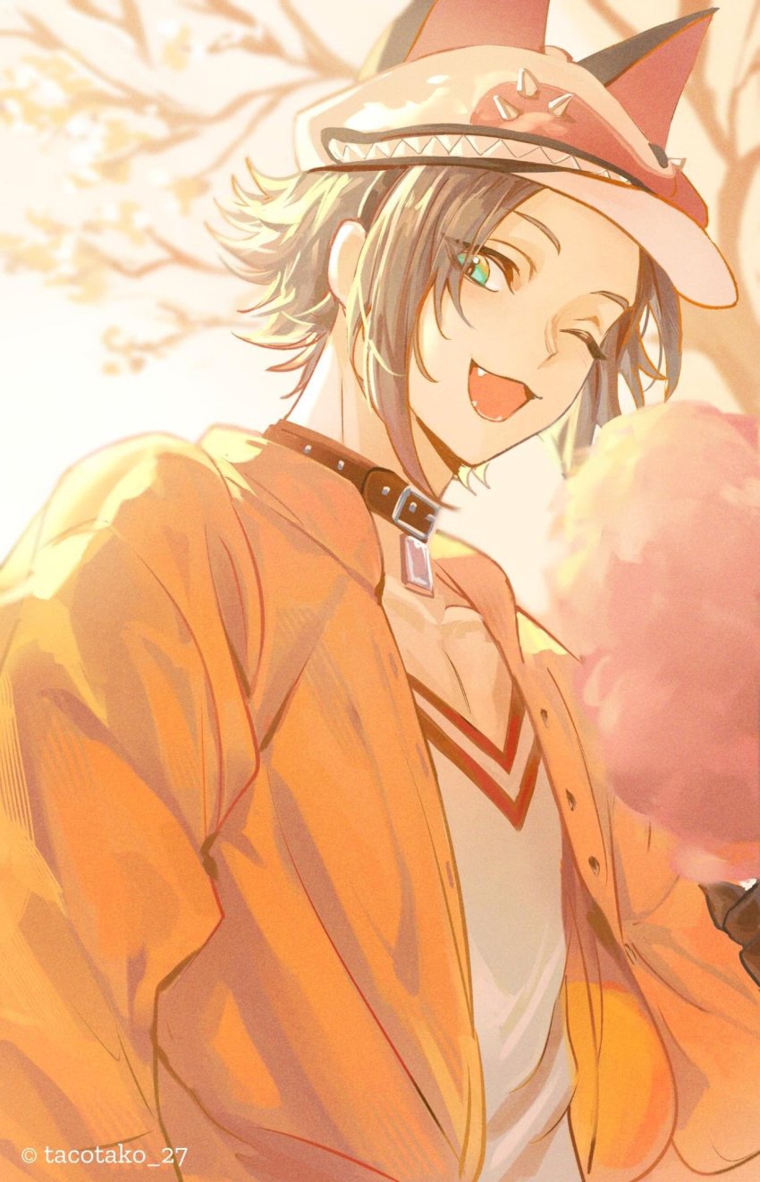1boy ;d animal_ear_headwear animal_ears black_gloves blue_eyes brown_hair candy copyright_notice cotton_candy fake_animal_ears fangs food fox_hat gloves highres holding holding_candy holding_cotton_candy holding_food jacket long_sleeves looking_at_viewer male_focus mysta_rias nijisanji nijisanji_en one_eye_closed open_mouth orange_jacket pectoral_cleavage pectorals shirt short_hair smile solo tacotako twitter_username v-neck virtual_youtuber white_shirt