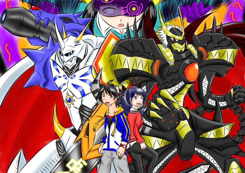 blue_eyes cape digimon digimon_(creature) fusion highres horns kenzoku kenzoku_(miyuki) minase_miyuki momotsuka_takuma omegamon open_mouth plutomon red_eyes shibuya_aoi sword weapon