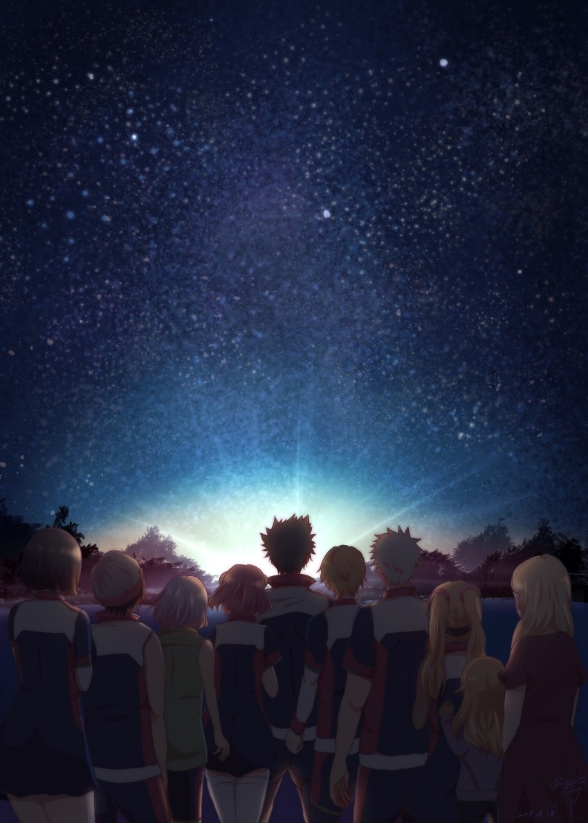 4boys 6+girls absurdres aries_spring arms_at_sides black_hair brown_hair charce_lacroix child dated dress everyone facing_away funicia_rafaeli highres kanata_hoshijima kanata_no_astra long_hair luca_esposito multiple_boys multiple_girls night night_sky outdoors pink_hair polina_livinskaya quitterie_rafaeli school_uniform short_hair signature skullcap sky sunset thighhighs twintails ulgar_zweig yunhua_lu zack_walker