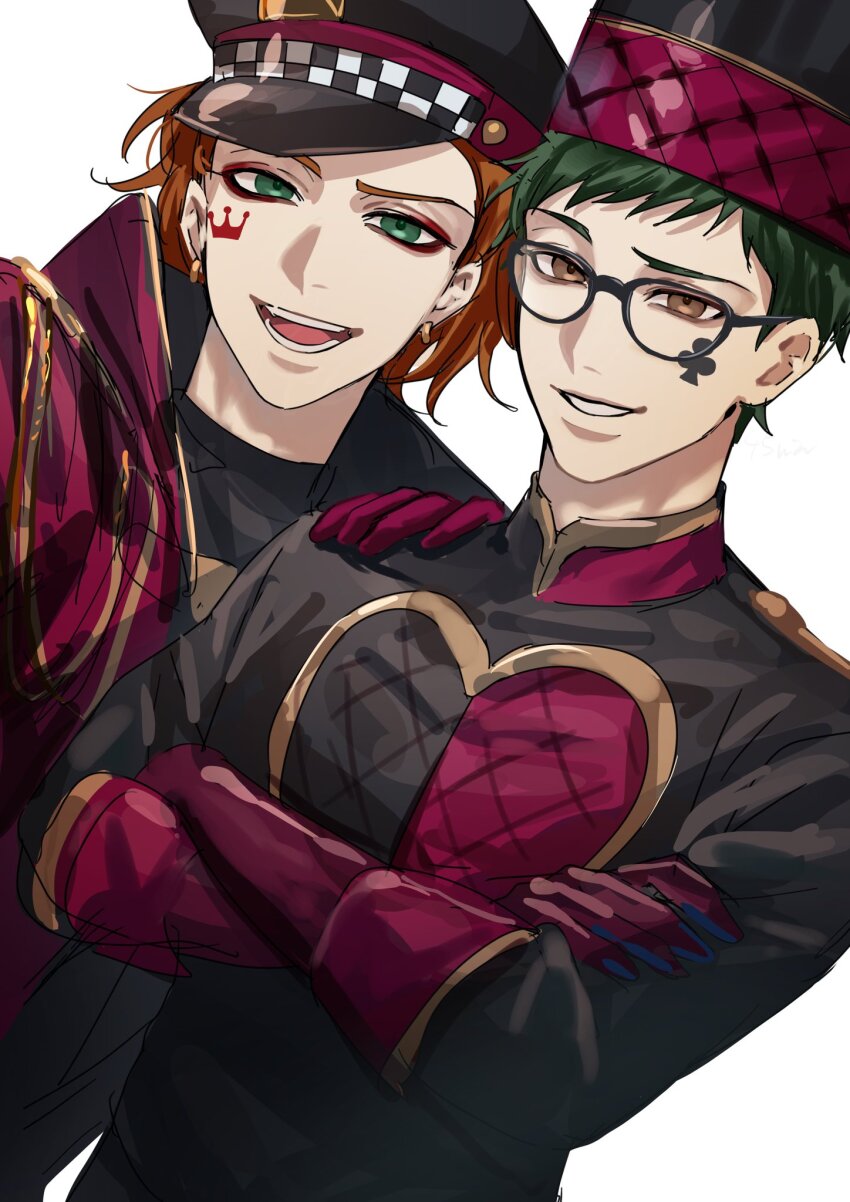 2boys black_hat black_shirt brown_eyes cater_diamond checkered_hat club_(shape) club_facial_mark crossed_arms earrings facial_mark gloves green_eyes green_hair hand_on_another&#039;s_shoulder hat highres jewelry looking_at_viewer medium_hair multiple_boys official_alternate_costume open_mouth orange_hair parted_lips red_gloves rita_tatada shirt short_hair simple_background smile trey_clover twisted_wonderland upper_body white_background