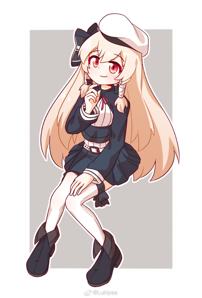 1girl belt belt_buckle beret black_boots black_bow black_jacket black_skirt blonde_hair blush boots bow breasts buckle chaser_(warship_girls_r) closed_mouth full_body grey_background hair_between_eyes hand_up hat highres jacket long_hair long_sleeves looking_at_viewer low-tied_sidelocks lukiyea_(weibo_3649864675) neck_ribbon open_clothes open_jacket outline pleated_skirt red_eyes red_ribbon ribbon shirt sidelocks simple_background sitting skirt smile solo thighhighs twitter_username two-tone_background very_long_hair warship_girls_r white_background white_outline white_shirt white_thighhighs