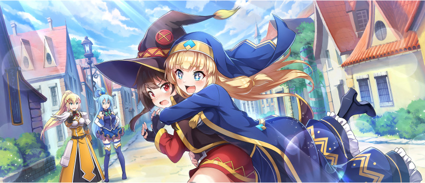 +_+ 4girls :d aqua_(konosuba) armor black_cloak black_footwear black_gloves black_hat blonde_hair blue_dress blue_eyes blue_footwear blue_hair blue_shirt blue_skirt blue_veil blunt_bangs blush boobplate boots bow bowtie braid breastplate breasts brown_hair building cecily_(konosuba) cloak cloud cloudy_sky collar darkness_(konosuba) day detached_collar dress embarrassed faulds fingerless_gloves game_cg gloves gold_trim green_bow green_bowtie hair_ornament hair_rings hair_tie hat high_heel_boots high_heels highres hug hug_from_behind kono_subarashii_sekai_ni_shukufuku_wo! konosuba!_fantastic_days large_breasts leg_up long_dress long_hair long_sleeves looking_at_another low-tied_sidelocks megumin miniskirt multiple_girls nose_blush official_art open_mouth outdoors pauldrons ponytail ponytail_with_braided_base priestess red_dress red_eyes road shirt short_dress short_hair short_hair_with_long_locks shoulder_armor sidelocks single_hair_ring single_pauldron skirt sky sleeveless sleeveless_shirt smile standing street sunlight thigh_boots thighhighs thighhighs_under_boots v-shaped_eyebrows veil very_long_hair white_collar white_thighhighs witch_hat x_hair_ornament