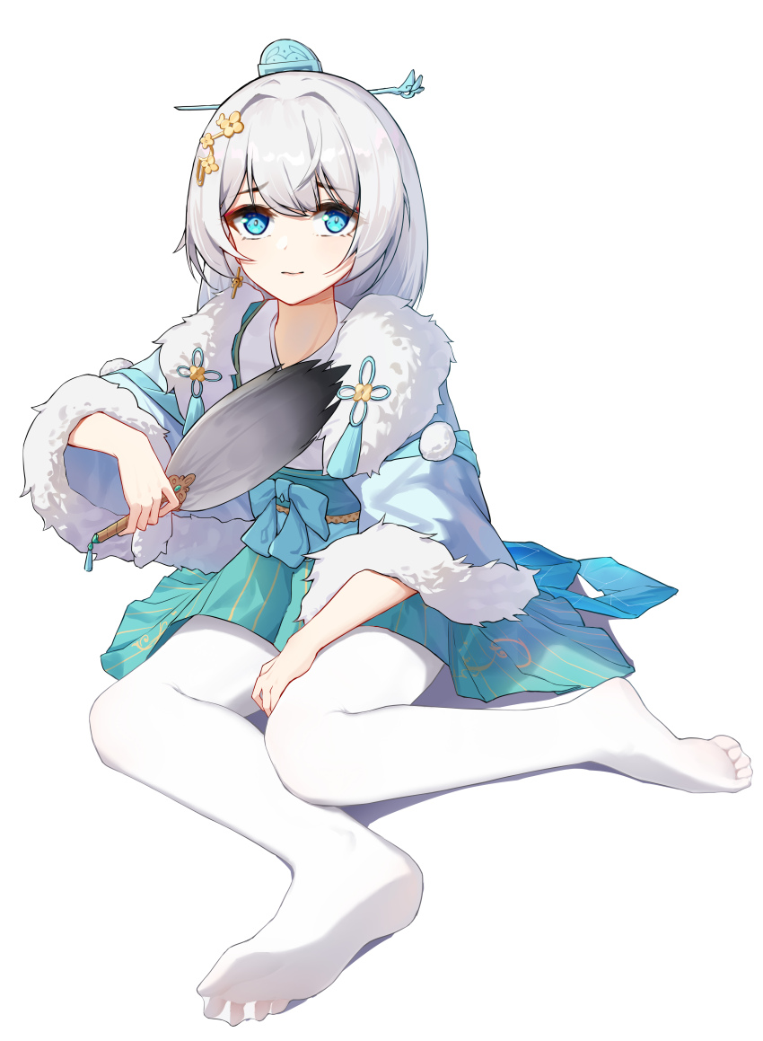 1girl absurdres bad_id bad_pixiv_id blue_eyes chinese_clothes closed_mouth earrings full_body hair_ornament hand_fan hanfu highres holding holding_fan honkai_(series) honkai_impact_3rd jewelry long_hair looking_at_viewer no_shoes pantyhose simple_background single_earring soles solo spread_toes theresa_apocalypse toes white_background white_hair white_pantyhose yukizawa_xueze zhuge_kongming_(honkai_impact)