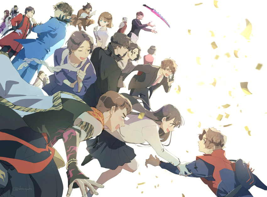avataro_sentai_donbrothers backpack bag black_coat cellphone coat confetti crossed_arms everyone fang feather_collar formal_clothes glasses goshikida_kaito highres holding_another&#039;s_arm hood hoodie inuzuka_tsubasa kijino_miho kijino_tsuyoshi kito_haruka kuramochi_natsumi long_hair looking_back midriff momoi_jin momoi_taro momotani_jiro necktie one_eye_closed paper phone pink_necktie saruhara_shinichi scarf smartphone smile sonogo_(donbrothers) sonoi_(donbrothers) sononi_(donbrothers) sonoroku_(donbrothers) sonoshi_(donbrothers) sonoza_(donbrothers) suit super_sentai sword tkst_ayaka twitter_username uniform weapon white_background
