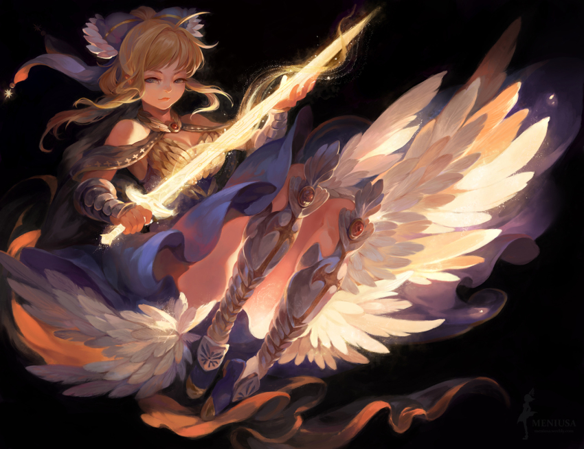 1girl ahoge armor armored_boots armored_dress artoria_pendragon_(fate) bare_shoulders black_background blonde_hair blue_eyes blue_ribbon blue_skirt boots bow breasts brooch cleavage dress excalibur_(fate/stay_night) fate/stay_night fate_(series) feathers female_focus floating floating_hair frills full_body glowing glowing_sword glowing_weapon hair_bow hair_ribbon half-closed_eyes half_updo holding holding_sword holding_weapon jewelry long_hair looking_at_viewer meniusa meniusa_lau red_lips ribbon saber_(fate) simple_background skirt sleeveless small_breasts solo sword upskirt vambraces weapon
