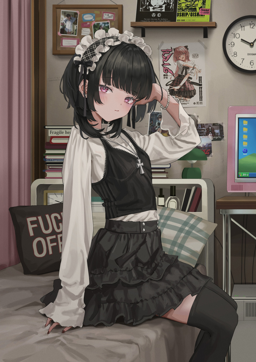 1girl absurdres black_hair black_shirt black_skirt black_thighhighs blunt_bangs blush book bracelet breasts clock closed_mouth cross cross_necklace english_text expressionless gishiki_(gshk) gothic_lolita hand_in_own_hair headdress highres jewelry layered_skirt lolita_fashion long_sleeves looking_at_viewer medium_hair monitor necklace on_bed original pillow poster_(object) red_eyes shirt sitting skirt small_breasts solo thighhighs wall_clock white_shirt