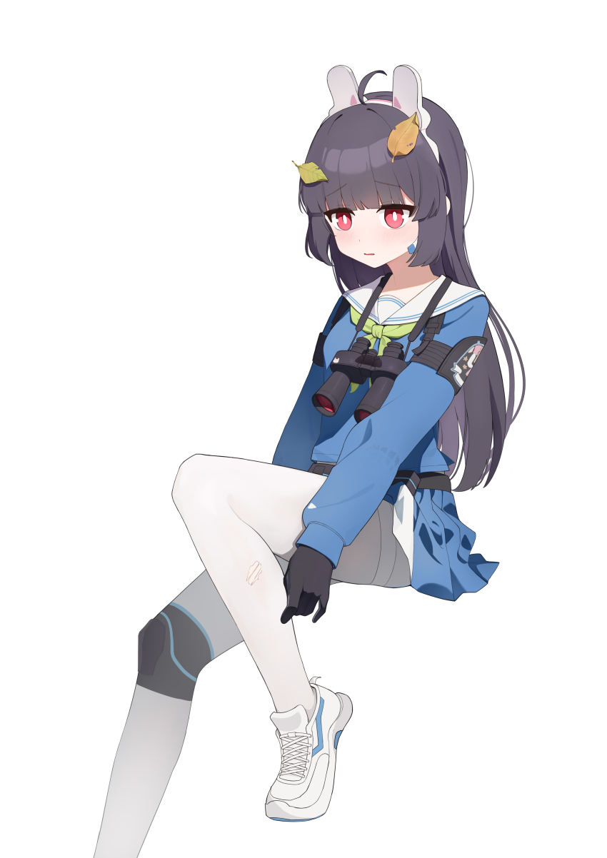 1girl absurdres ahoge ammunition_box animal_ear_hairband animal_ears armband binoculars black_armband black_gloves blue_archive blue_serafuku blue_shirt blue_skirt blunt_bangs blush bright_pupils commentary dirty dirty_clothes eyes_visible_through_hair fake_animal_ears foot_out_of_frame footprints gloves green_neckerchief grey_hair hairband headset highres invisible_chair knee_pads knee_up leaf leaf_on_head legs liago long_hair long_sleeves looking_at_viewer miniskirt miyu_(blue_archive) neckerchief no_halo pantyhose parted_lips pleated_skirt puffy_long_sleeves puffy_sleeves rabbit_ear_hairband rabbit_ears red_eyes sailor_collar sailor_shirt school_uniform serafuku shirt shoe_print shoes sidelocks single_knee_pad sitting skirt sneakers solo straight_hair thighband_pantyhose torn_clothes torn_pantyhose two-tone_skirt white_hairband white_pantyhose white_pupils white_sailor_collar white_shoes white_skirt