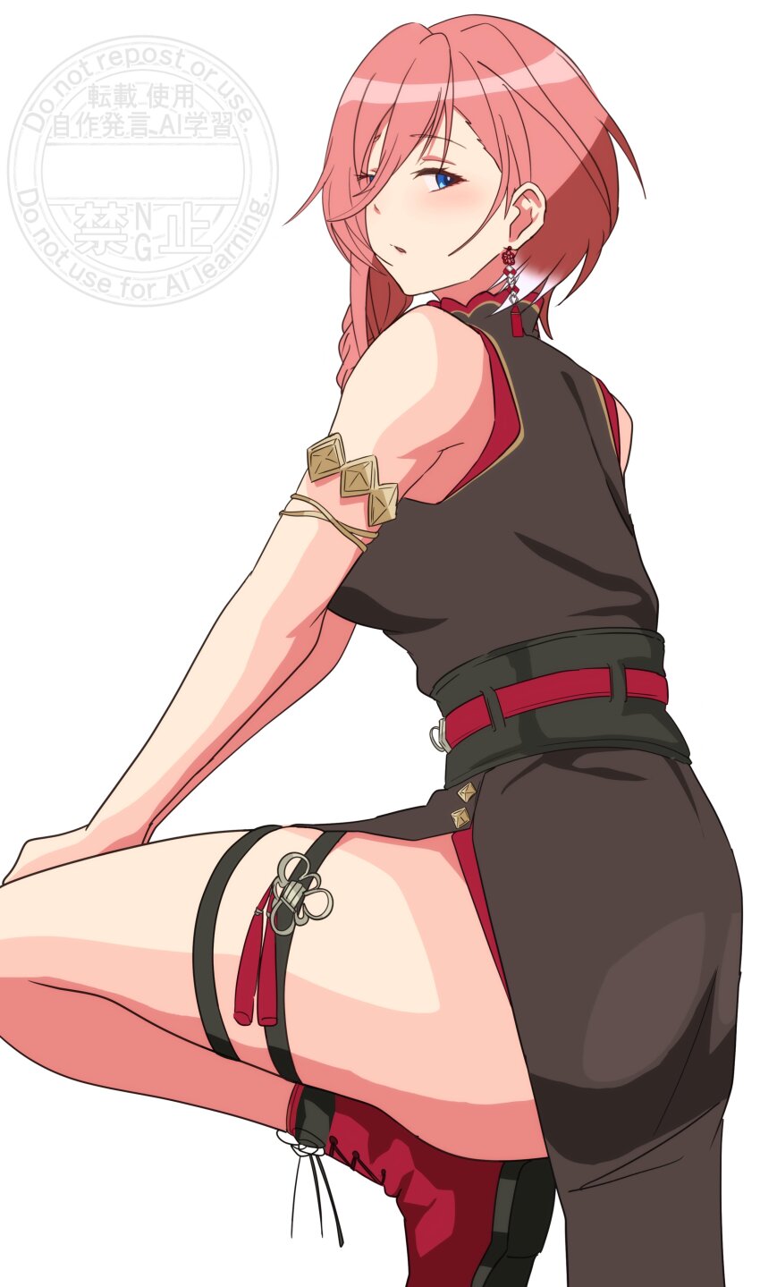 1girl absurdres black_dress blue_eyes blush braid braided_ponytail dress earrings highres hololive jewelry long_hair looking_at_viewer pink_hair simple_background sleeveless sleeveless_dress solo takane_lui takane_lui_(5th_costume) tassel thigh_strap virtual_youtuber white_background yuzu_vt