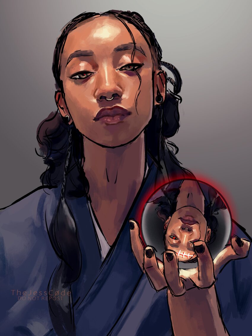 1girl absurdres artist_name black_hair black_nails blue_kimono brown_eyes closed_mouth cosplay dark-skinned_female dark_skin ear_piercing expressionless face_piercing forehead getou_suguru getou_suguru_(cosplay) getou_suguru_(kenjaku) getou_suguru_(kenjaku)_(cosplay) gradient_background grey_background hair_over_shoulder hair_slicked_back half-closed_eyes hand_up highres holding holding_orb japanese_clothes jewelry jujutsu_kaisen kimono lips long_hair looking_at_viewer loose_hair_strand nail_polish nose nose_piercing nose_ring orb photo-referenced piercing plug_(piercing) realistic solo thejesscode thick_lips upper_body