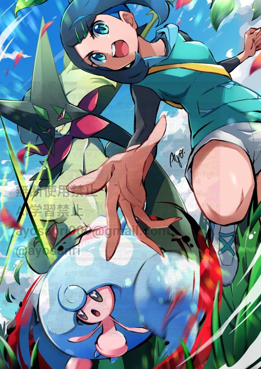 1girl ayo_(ayosanri009) black_hair blurry breasts clenched_hand cloud commentary_request day falling_leaves gen_8_pokemon grass green_eyes green_vest hair_ornament hairclip hattrem highres knees leaf liko_(pokemon) meowscarada nintendo open_mouth outdoors pokemon pokemon_(anime) pokemon_(creature) pokemon_horizons shirt shoes shorts signature sky spread_fingers teeth twitter_username upper_teeth_only vest watermark yellow_bag