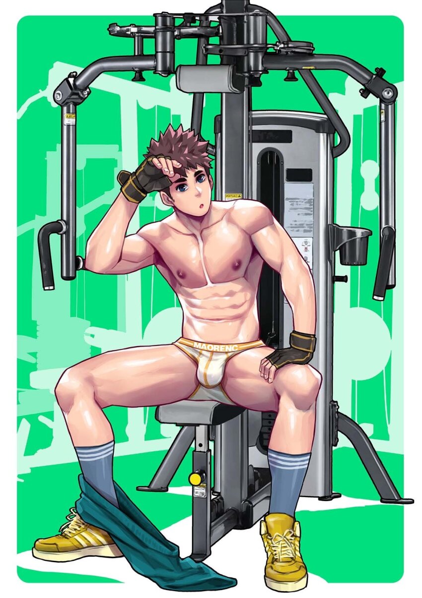1boy black_gloves blue_socks border brown_hair bulge exercising fingerless_gloves gloves green_background green_pants gym hand_on_own_forehead highres male_focus male_underwear maorenc multicolored_male_underwear muscular muscular_male nipples original pants pectorals pout shoes short_hair sitting socks solo underwear white_border white_male_underwear yellow_male_underwear yellow_shoes