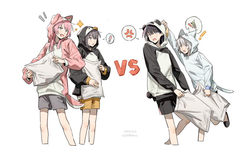 ! 4girls anger_vein animal_hood bang_dream! bang_dream!_it&#039;s_mygo!!!!! black_hair black_shorts chihaya_anon fang grey_eyes grey_hair grey_shorts highres holding holding_pillow hood kaname_raana multiple_girls open_mouth pillow pink_hair shiina_taki shorts simple_background spoken_anger_vein spoken_exclamation_mark takamatsu_tomori uzr_akira vs watermark white_background white_hair yellow_shorts