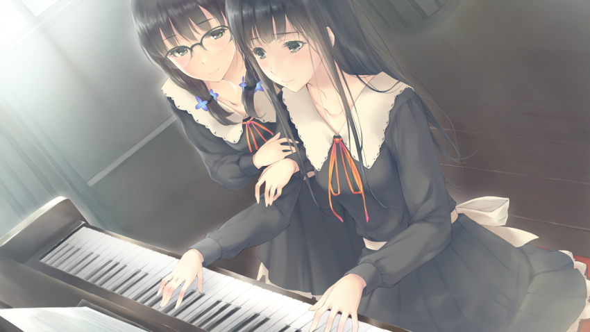 2girls arm_grab black_dress black_eyes blush braid brown_eyes dress flowers_(innocent_grey) glasses green_eyes hair_ornament hanabishi_rikka indoors instrument long_hair long_sleeves multiple_girls music orange_ribbon piano playing_instrument playing_piano puffy_long_sleeves puffy_sleeves ribbon room school_uniform shirahane_suou sugina_miki twin_braids white_ribbon yuri