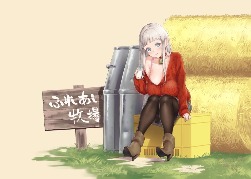 1girl :p ankle_boots aqua_eyes aqua_nails arm_support bell black_pantyhose boots bottle bra bra_peek breasts breasts_on_lap brown_boots cart collar cowbell fingernails grass grey_skirt hay hay_bale haystack herio high_heel_boots high_heels holding holding_bottle huge_breasts knees_together_feet_apart leaning leaning_forward licking_lips long_hair looking_at_viewer milk milk_bottle nail_polish neck_bell original pantyhose sagging_breasts sidelocks sign silver_hair sitting sitting_on_object skirt solo tank_(container) tongue tongue_out underwear