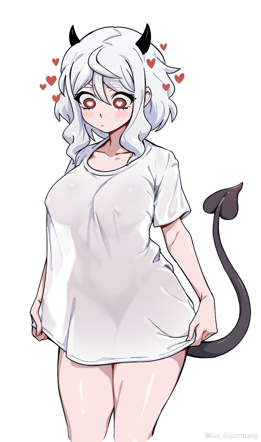1girl covered_erect_nipples heart heart-shaped_pupils helltaker highres horns lw_goombang modeus_(helltaker) naked_shirt see-through_clothes see-through_shirt shirt solo symbol-shaped_pupils tail white_hair