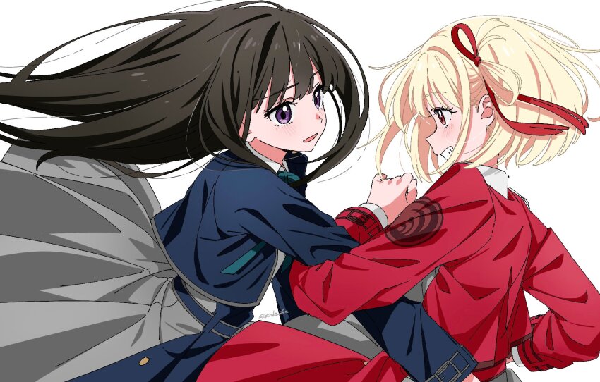 2girls black_hair blonde_hair blush commentary_request dress grin hair_ribbon highres inoue_takina locked_arms long_hair long_sleeves looking_at_another lycoris_recoil lycoris_uniform multiple_girls nishikigi_chisato open_mouth purple_eyes red_dress red_eyes red_ribbon ribbon shirako_love short_hair simple_background smile teeth white_background yuri