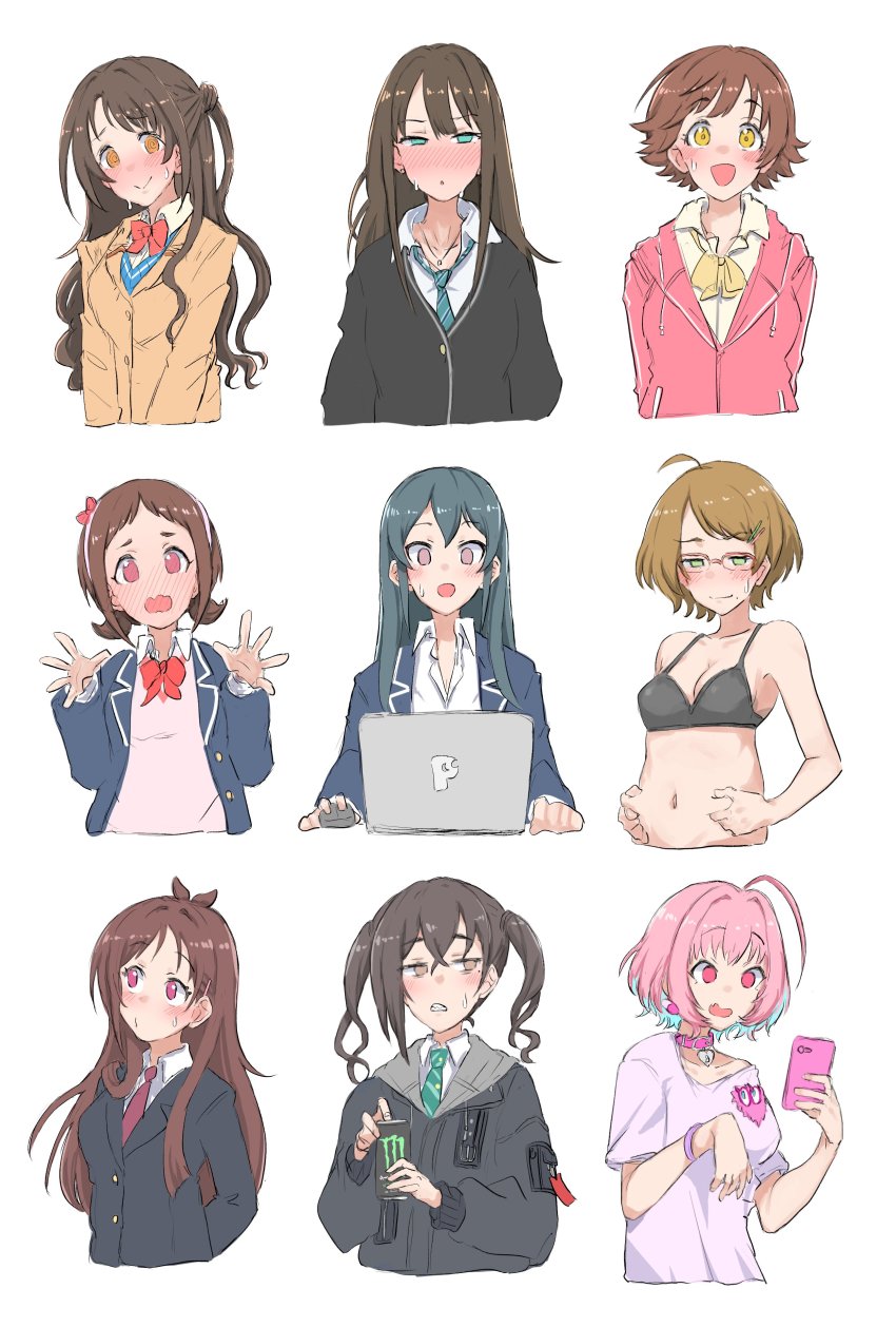 #unicus_(idolmaster) 6+girls @_@ absurdres belly bow bowtie computer cropped_torso embarrassed empty_eyes half-closed_eyes highres honda_mio idolmaster idolmaster_cinderella_girls laptop looking_at_object looking_at_phone looking_away monster_(drink) multiple_girls muramatsu_sakura necktie new_generations_(idolmaster) new_wave_(idolmaster) ohishi_izumi phone ringed_eyes school_uniform shibuya_rin shimamura_uzuki simple_background sunazuka_akira sweatdrop tsuchiya_ako tsujino_akari wasabijoyu76 white_background yumemi_riamu