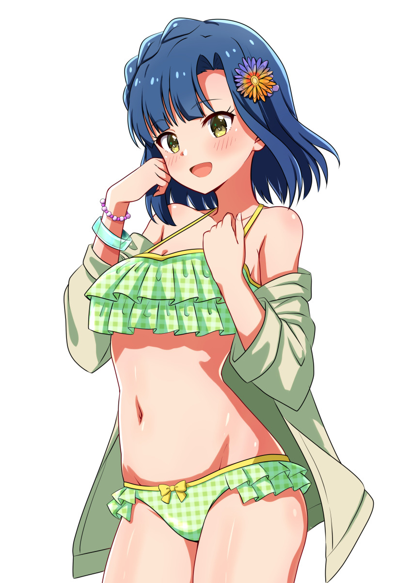 1girl absurdres bikini blue_hair braid commentary_request cowboy_shot crown_braid frilled_bikini frills gingham_bikini green_bikini green_jacket highres hood hooded_jacket idolmaster idolmaster_million_live! idolmaster_million_live!_theater_days jacket jacket_partially_removed looking_at_viewer mimiu_p nanao_yuriko navel open_mouth ruffle_bikini short_hair simple_background solo swimsuit white_background yellow_eyes