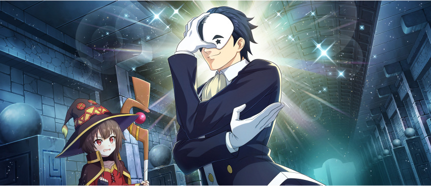 1girl 1other ascot black_choker black_cloak black_gloves black_hair black_hat black_mask black_suit brown_hair choker cloak closed_mouth dress dungeon fingerless_gloves formal_clothes game_cg gloves hair_slicked_back half_mask hand_over_face hat highres holding holding_staff indoors jacket kono_subarashii_sekai_ni_shukufuku_wo! konosuba!_fantastic_days looking_at_another mage_staff mask megumin official_art red_dress red_eyes short_hair short_hair_with_long_locks sidelocks smirk sparkle staff star_(symbol) suit suit_jacket two-tone_mask v-shaped_eyebrows vanir white_gloves white_mask witch_hat yellow_ascot