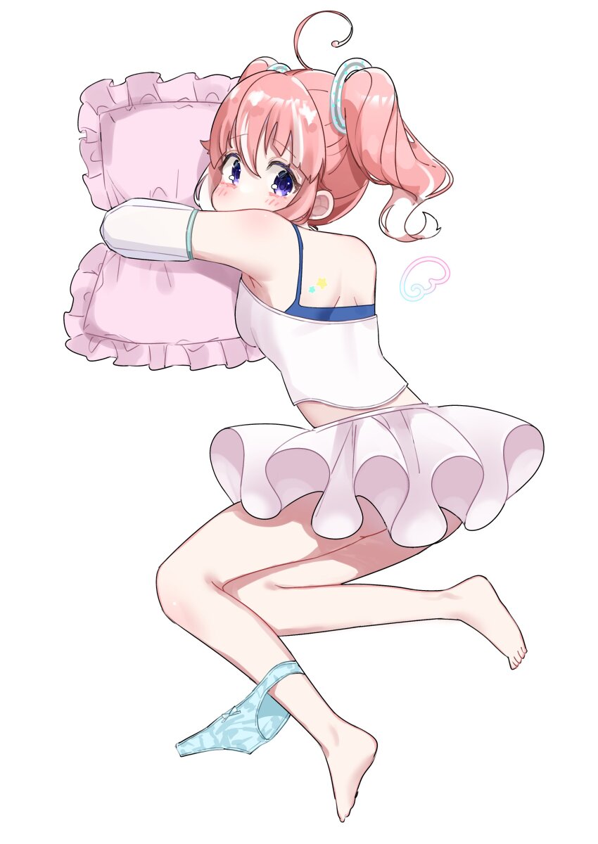 1girl absurdres ahoge back barefoot blue_panties blue_tank_top blush breasts commentary_request detached_sleeves full_body hair_ornament highres hugging_object kisaki_anko looking_at_viewer medium_breasts multicolored_hair nanashi_inc. panties panties_around_leg pillow pillow_hug pink_hair pleated_skirt purple_eyes shirt short_hair short_twintails simple_background skirt solo strapless strapless_shirt streaked_hair tamotsu_(mary) tank_top twintails two-tone_hair underwear virtual_youtuber white_background white_hair white_shirt white_skirt white_sleeves