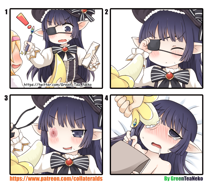 ! 2girls 4koma :d absurdres artist_name bad_id bad_pixiv_id banana black_neckwear blush bow bowtie clitoris comic commentary_request djeeta_(granblue_fantasy) drooling empty_eyes eyepatch faceless food food_insertion fruit granblue_fantasy greenteaneko harvin hat headband highres holding long_sleeves lunalu_(granblue_fantasy) multiple_girls numbered_panels object_insertion one_eye_covered open_mouth patreon_username pen pointy_ears purple_eyes purple_hair pussy saliva smile square_4koma sweatdrop torogao twitter_username vaginal vaginal_object_insertion watermark web_address what yuri