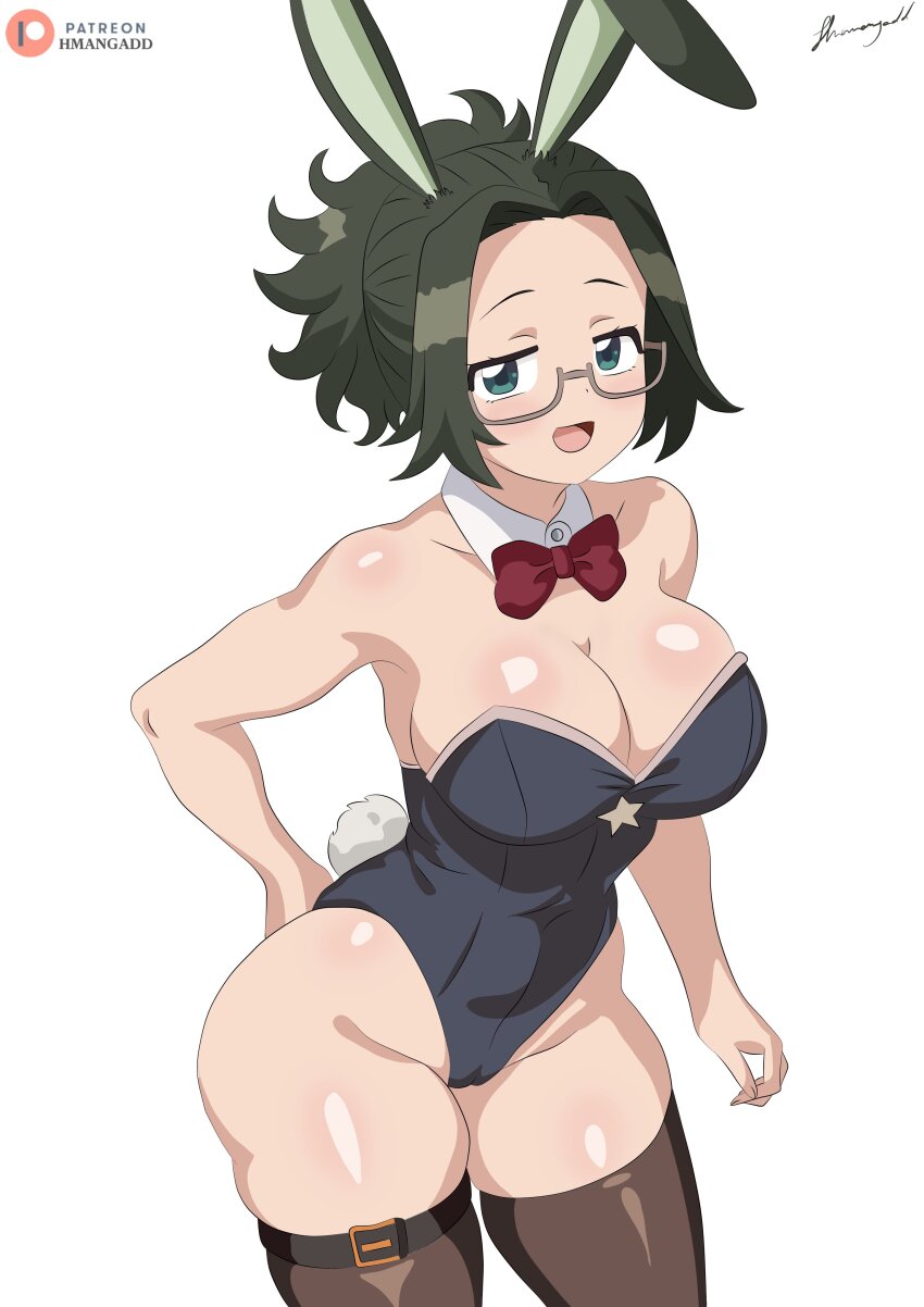 1girl :d absurdres agari_himiko animal_ears arm_behind_back artist_name black_leotard bow bowtie breasts brown_thighhighs cleavage cowboy_shot detached_collar glasses green_eyes green_hair grey-framed_eyewear highleg highleg_leotard highres hmangadd komi-san_wa_komyushou_desu leotard looking_at_viewer open_mouth patreon_logo patreon_username playboy_bunny ponytail rabbit_ears rabbit_tail red_bow red_bowtie semi-rimless_eyewear short_hair signature simple_background smile solo standing strapless strapless_leotard tail thighhighs under-rim_eyewear white_background