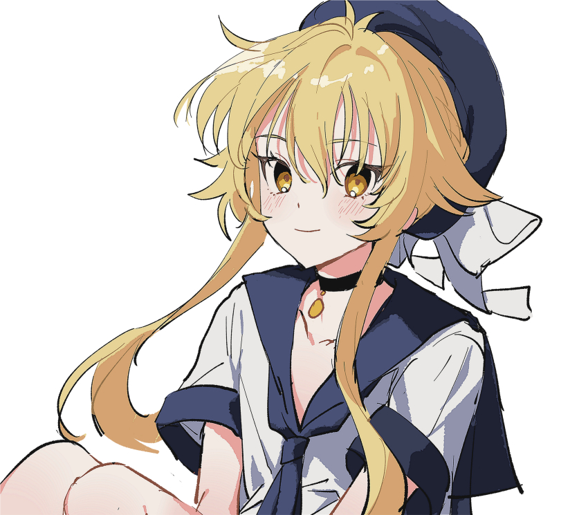 1boy absurdres beret black_choker black_hair black_hat black_necktie black_sailor_collar blonde_hair blush bow choker coin_(ornament) crossdressing envy_elika_(koyashaka) fang hat highres koyashaka looking_at_viewer male_focus neckerchief necktie original ribbon sailor_collar school_uniform shirt short_hair_with_long_locks short_sleeves simple_background smile solo trap white_bow white_ribbon white_shirt yellow_eyes