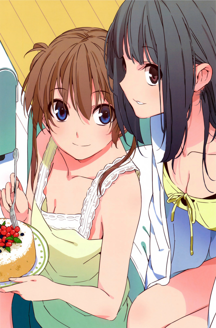 2girls absurdres amakawa_chinatsu black_hair blue_eyes breasts brown_eyes brown_hair cake camisole cleavage collarbone food fork highres long_hair memories_off memories_off_yubikiri_no_kioku morii_shizuki multiple_girls nagumo_kasumi scan shorts small_breasts smile twintails
