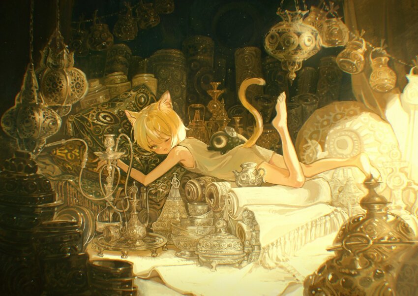 1girl animal_ear_fluff animal_ears bare_shoulders barefoot blonde_hair blush cat_ears cat_girl cat_tail dress green_eyes highres hookah incense_burner lying on_stomach one_eye_closed open_mouth original pillow popepopo999 rug short_hair solo tail white_dress