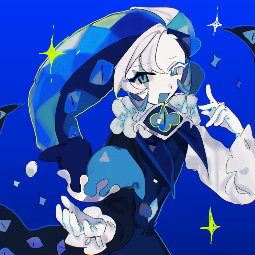 1boy :d alternate_skin_color asymmetrical_eyelashes asymmetrical_sleeves bishounen black_sleeves blue_background blue_eyes blue_hat collar colored_eyelashes colored_mouth colored_skin cookie_run cookie_run:_kingdom disembodied_eye facial_mark furrowed_brow gloves grey_eyes hands_up hat heterochromia highres index_finger_raised koro_(user_mvwt3327) leaning_forward long_sleeves male_focus mark_under_eye neck_ruff object_floating_above_hand open_mouth personification puffy_long_sleeves puffy_sleeves shadow_milk_cookie simple_background smile solo sparkle triangle triangle_facial_mark upper_body white_collar white_eyelashes white_gloves white_hair white_skin