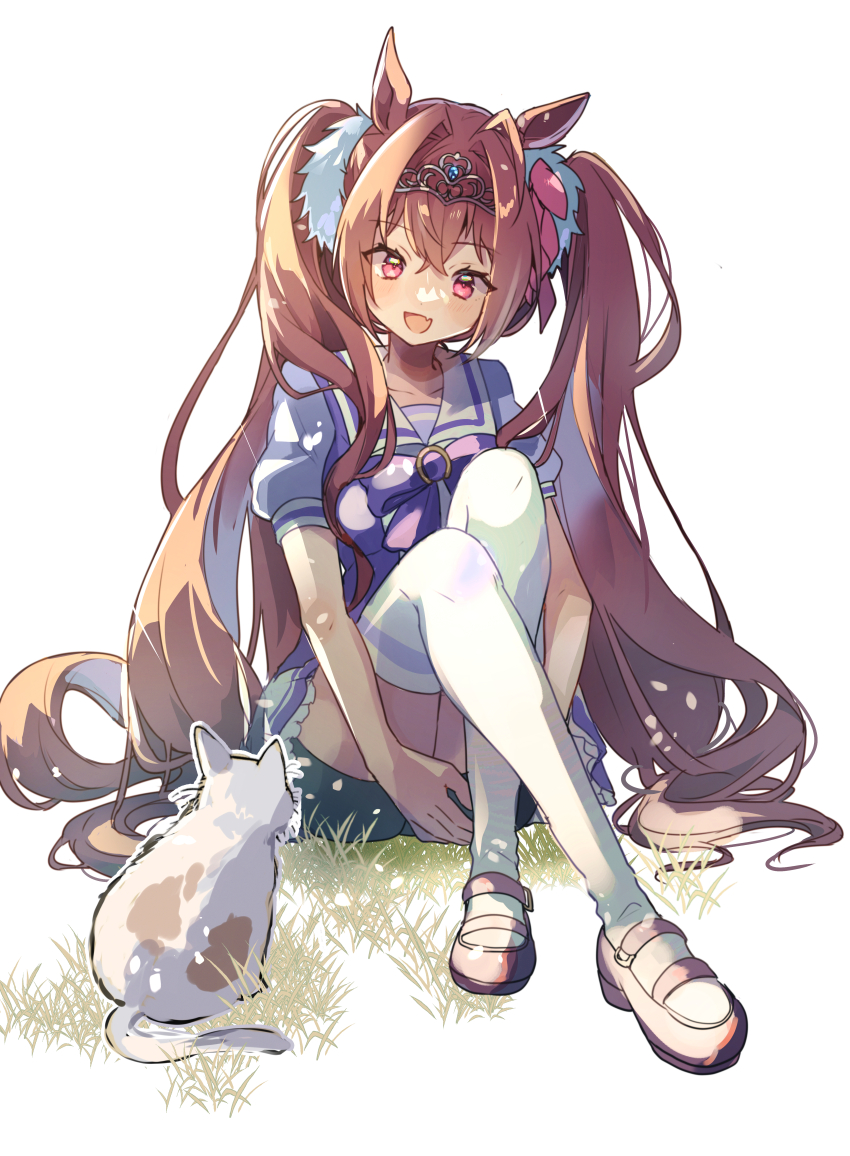 absurdres animal_ears brown_hair cat daiwa_scarlet_(umamusume) green_skirt hair_intakes highres horse_ears horse_girl long_hair pink_shoes red_eyes school_uniform shirano_akihiro shoes short_sleeves sitting skirt thighhighs tiara tracen_school_uniform twintails umamusume very_long_hair white_thighhighs