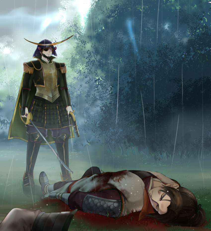 armor blood blood_on_clothes blood_on_face brown_eyes brown_hair date_masamune death eyepatch gun handgun highres male_focus naoe_kanetsugu pistol rain sengoku_musou swept_bangs sword weapon