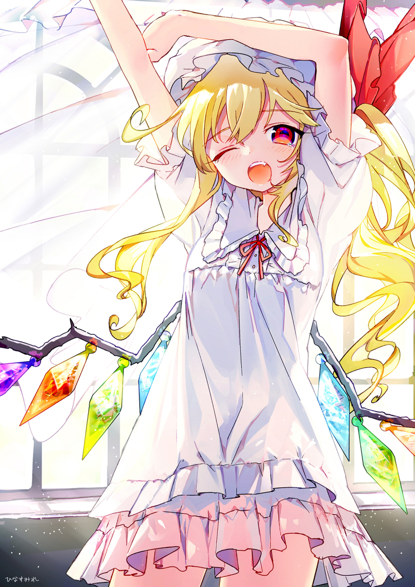 1girl alternate_costume arms_up blonde_haired_cure_(bomber_girls_precure)_(happinesscharge_precure!) cowboy_shot crystal curtains dress female_focus flandre_scarlet frilled_skirt frilled_sleeves frills hat hat_ribbon highres hinasumire long_hair mob_cap one_eye_closed one_side_up open_mouth red_eyes red_neckwear red_ribbon ribbon shirt short_sleeves side_ponytail skirt solo stretching touhou wavy_hair white_dress white_shirt wings