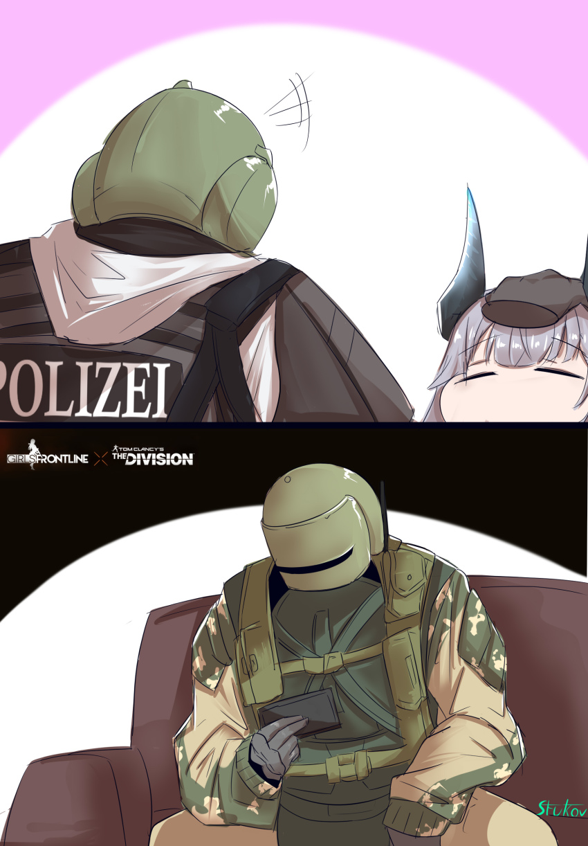 1girl 2boys absurdres arknights ballistic_face_mask ballistic_face_shield ballistic_helmet blitz_(rainbow_six_siege) body_armor camouflage cellphone closed_eyes crossover disembodied_hand english_text german_text gloves headpat helmet highres liskarm_(arknights) maska military military_uniform multiple_boys phone police police_uniform rainbow_six_siege stukov tachanka_(rainbow_six_siege) tactical_clothes visor visor_(armor)
