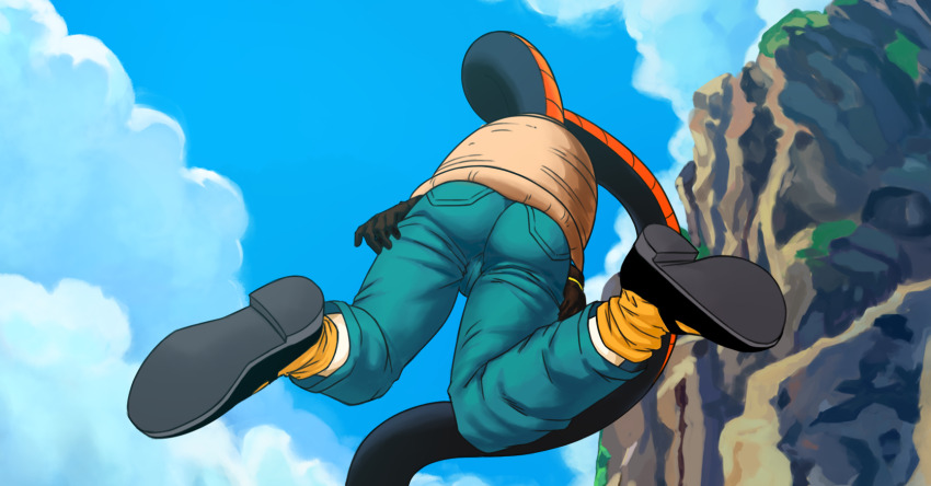 1boy 1girl android_18 aqua_pants black_gloves blue_sky cell_(dragon_ball) cliff cloud commentary denim dragon_ball dragonball_z english_commentary gloves godvore highres jeans orange_socks pants semi-perfect_cell sky socks stinger tail