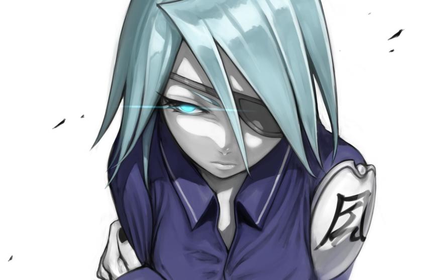 1girl blue_eyes closed_mouth expressionless eyepatch final_fantasy final_fantasy_viii fuujin_(ff8) glowing glowing_eye highres looking_at_viewer nail_polish pale_skin puchiman short_hair silver_hair simple_background solo white_background