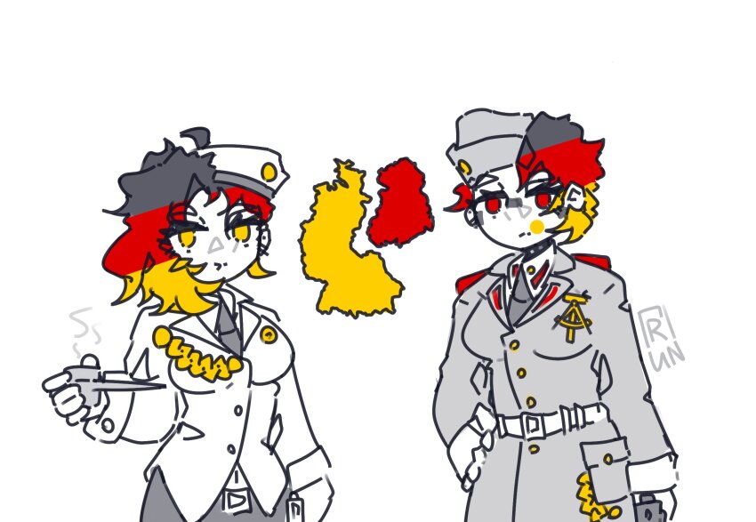2girls aiguillette buttons closed_mouth coat east_germany german_flag grey_coat grey_necktie hand_on_own_hip high_collar highres holding holding_smoking_pipe long_sleeves looking_at_viewer map military_uniform multicolored_hair multiple_girls necktie personification pout red_eyes simple_background smoking_pipe standing trun2554 west_germany white_background white_coat yellow_eyes