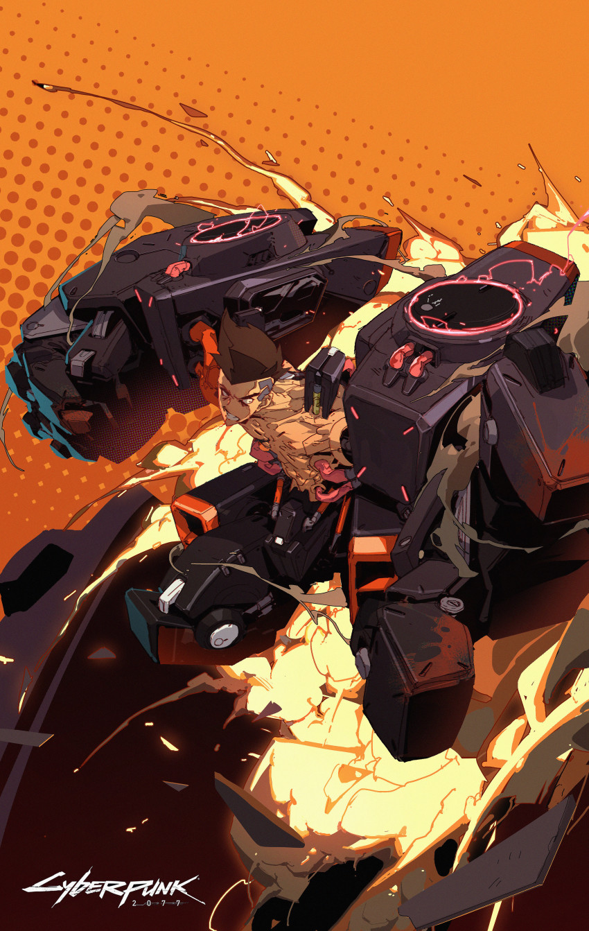 1boy abs absurdres airborne black_eyes brown_hair clenched_hands clenched_teeth commentary cyber_skeleton_(cyberpunk) cyberpunk_(series) cyberpunk_edgerunners cyborg david_martinez english_commentary exoskeleton explosion fire highres logo male_focus mohawk oversized_limbs piston science_fiction solo teeth topless_male v-shaped_eyebrows wenxu_xu
