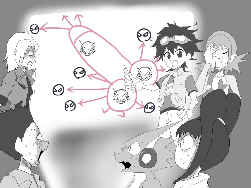 absurdres amano_nene_(digimon_xros_wars) aonuma_kiriha clueless digimon digimon_xros_wars hair_ornament hairclip headphones heart highres hinomoto_akari kudou_taiki long_hair looking_at_viewer meme orange_eyes red_hair shoutmon smile tsurugi_zenjirou twintails