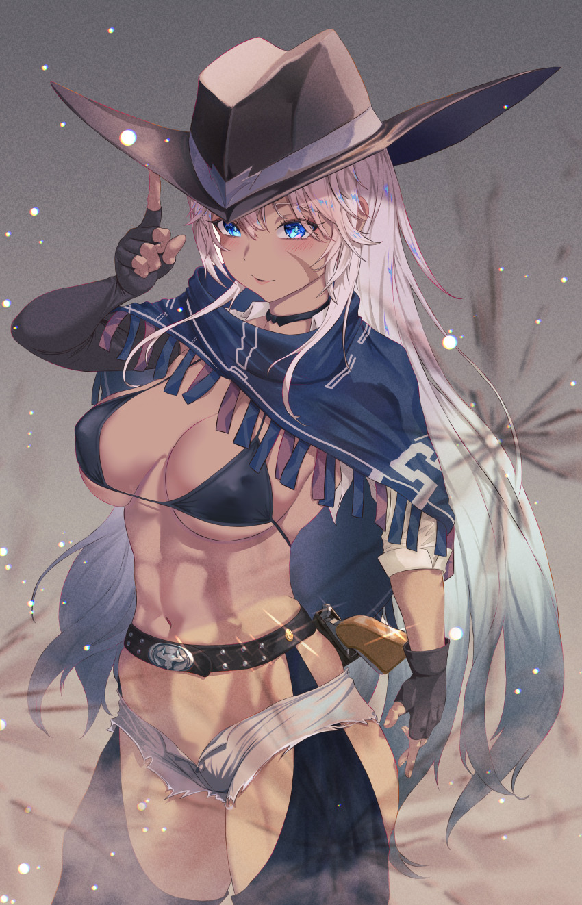 1girl abs absurdres annasui_factory azur_lane belt black_belt blue_eyes blue_poncho breasts cowboy_hat cowboy_western dark-skinned_female dark_skin fingerless_gloves gloves grey_shorts gun handgun hat highres indiana_(azur_lane) indiana_(high_noon_arrest)_(azur_lane) large_breasts long_hair looking_at_viewer official_alternate_costume poncho revolver shorts solo toned toned_female weapon white_hair