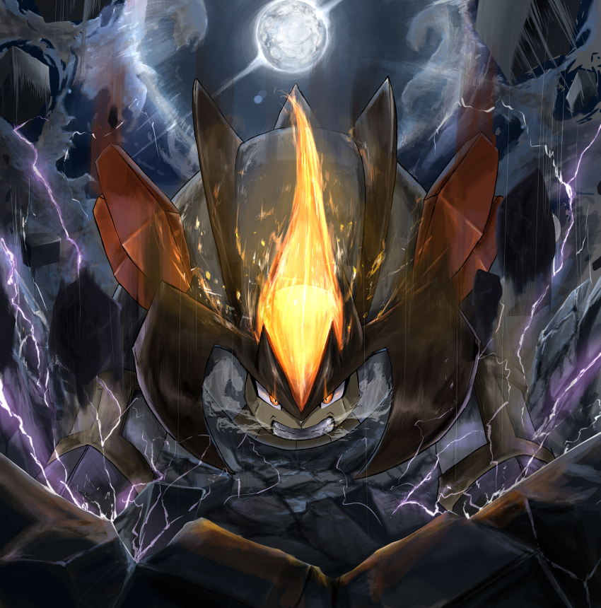 absurdres clenched_teeth commentary_request ekaki_panda energy gen_5_pokemon glowing highres legendary_pokemon looking_at_viewer moon night nintendo no_humans orange_eyes outdoors pokemon pokemon_(creature) solo teeth terrakion