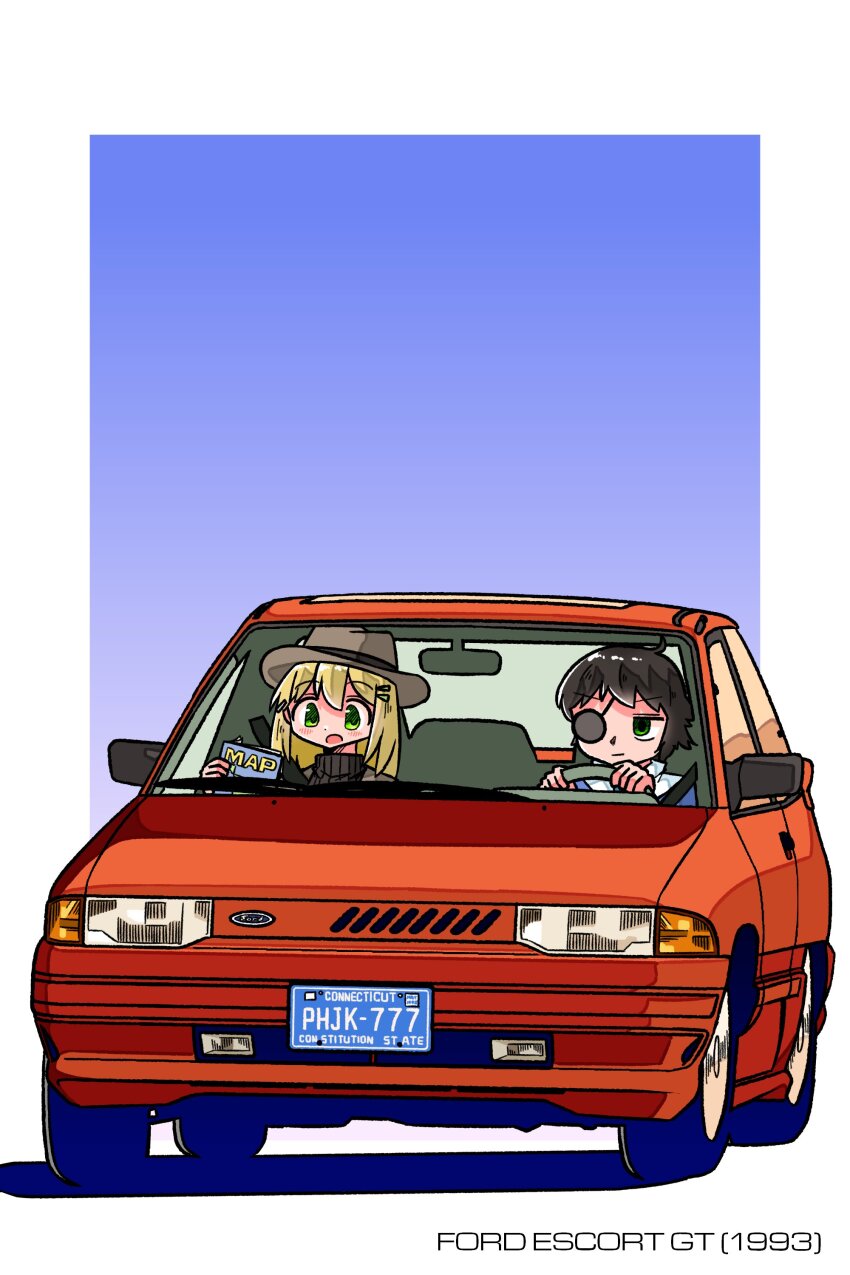 1boy 1girl absurdres black_hair black_sweater blonde_hair car closed_mouth commentary commission driving english_commentary eyepatch fedora ford_escort green_eyes grey_hat hat highres holding holding_map kasuya_baian license_plate map motor_vehicle open_mouth original red_car skeb_commission steering_wheel sweater turtleneck turtleneck_sweater vehicle_focus vehicle_name