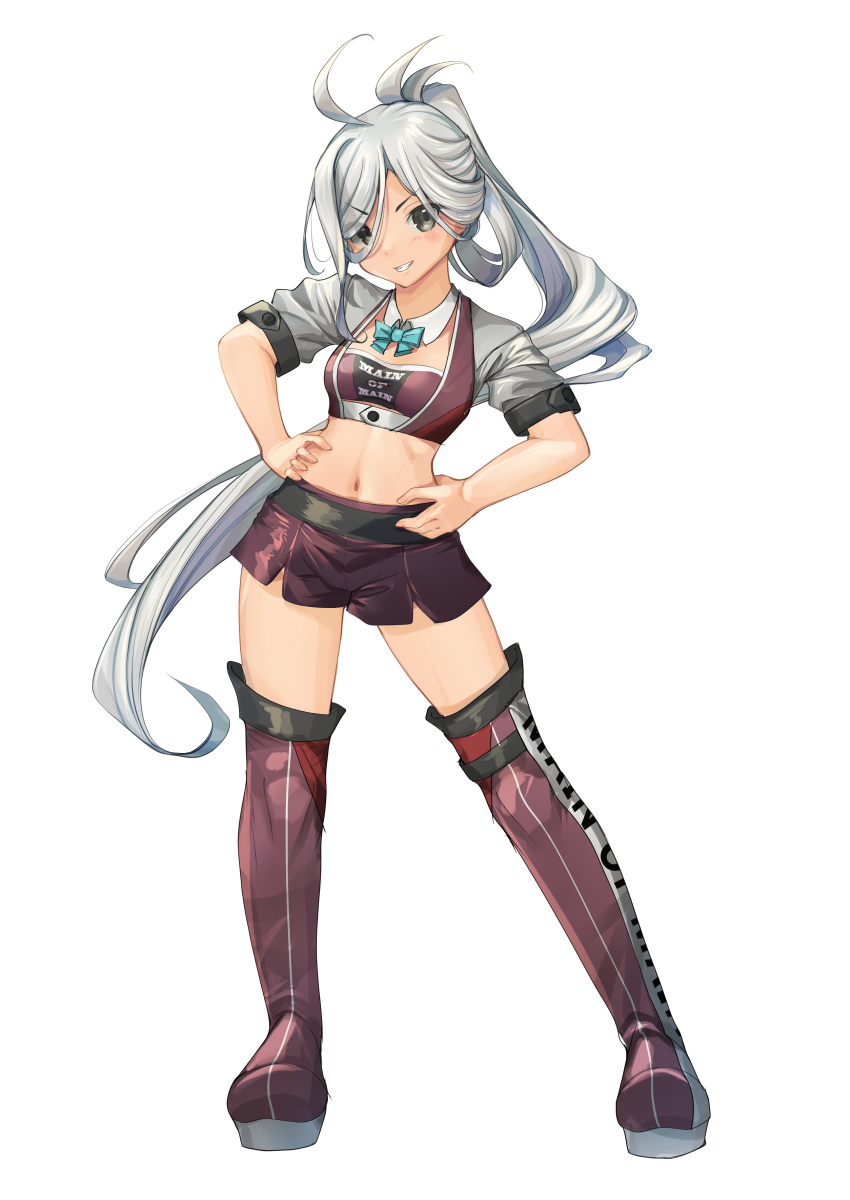 1girl absurdres ahoge aqua-framed_eyewear aqua_bow aqua_bowtie asashimo_(kancolle) bandeau bow bowtie braid clothes_writing commentary_request cropped_jacket detached_collar full_body grey_eyes grey_hair grin hair_between_eyes hair_ribbon hands_on_own_hips highres jacket kantai_collection long_hair looking_at_viewer midriff navel parted_lips ponytail purple_bandeau purple_shorts purple_thighhighs race_queen ribbon shorts simple_background smile solo standing thighhighs white_background white_jacket white_ribbon yashin_(yasinz)