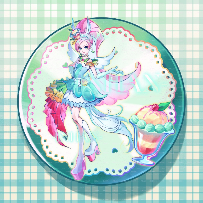 1girl absurdres animal_ears aqua_dress artist_name bare_shoulders bead_necklace beads berry blue_eyes boots chinese_commentary commentary_request cure_parfait dress earrings feather-trimmed_skirt floating_earrings food food-themed_hair_ornament full_body green_background green_theme hair_ornament hairband hand_on_own_hip happy heart high_heel_boots high_heels high_ponytail highres horse_ears horse_girl horse_tail ice_cream inhan jewelry kirahoshi_ciel kirakira_precure_a_la_mode knee_boots leaf long_hair magical_girl miniskirt necklace open_mouth outline outstretched_hand parfait pegasus_wings pink_hair plaid_background plate platform_boots ponytail precure rainbow_gradient shadow short_dress single_strap skirt skirt_under_dress sleeveless sleeveless_dress smile solo standing tail very_long_hair watermark white_boots white_hairband white_skirt white_wings wings yellow_outline