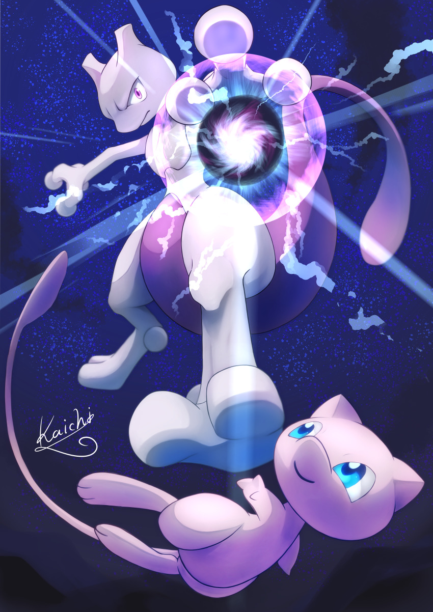 absurdres aqua_eyes energy_ball floating full_body gen_1_pokemon highres horns kaichi_(tomiyu25) legendary_pokemon looking_at_viewer looking_to_the_side mew_(pokemon) mewtwo mythical_pokemon nintendo pokemon pokemon_(creature) purple_eyes simple_background smile tail