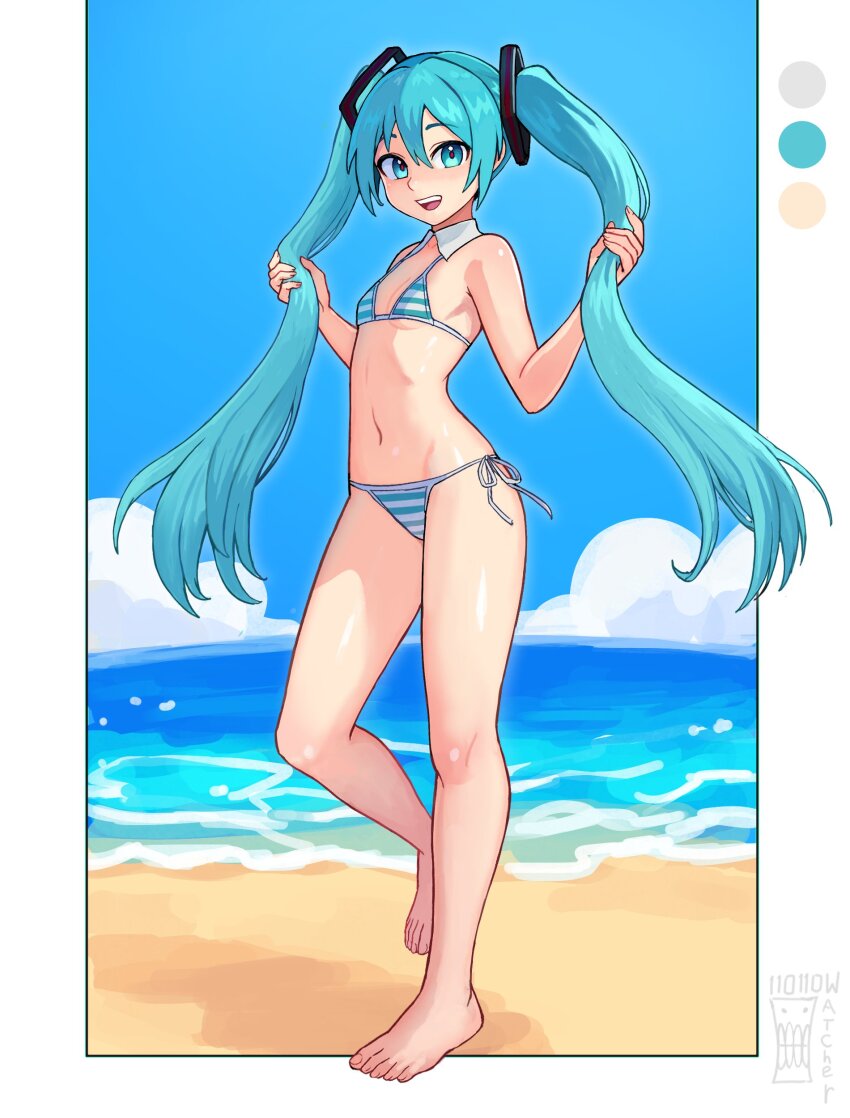 1girl :d absurdres aqua_eyes aqua_hair artist_name bare_arms bare_legs bare_shoulders barefoot beach bikini blue_sky blush cloud commentary day detached_collar english_commentary feet flat_chest groin hair_between_eyes hatsune_miku highres holding holding_own_hair long_hair looking_at_viewer navel open_mouth outdoors red_pupils revision sand side-tie_bikini_bottom sky smile solo stomach striped_bikini striped_clothes swimsuit teeth twintails upper_teeth_only very_long_hair vocaloid watcher_hollow water