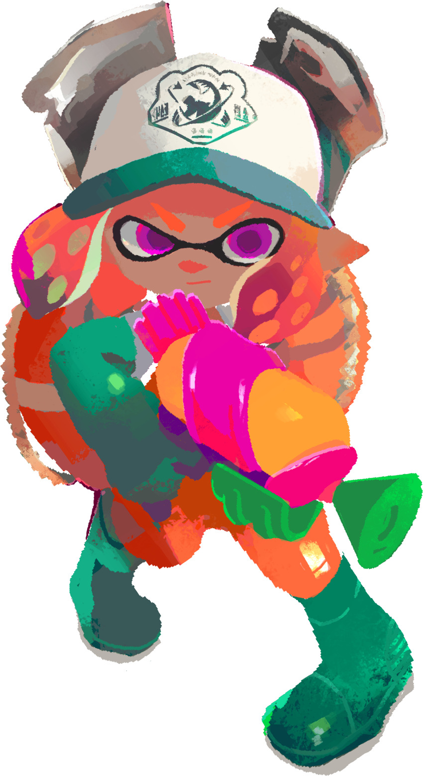 1girl :/ absurdres aqua_boots aqua_gloves artist_request baseball_cap boots closed_mouth full_body gloves half-closed_eye hat highres holding holding_weapon inkling inkling_girl inkling_player_character lifebuoy nintendo no_lineart official_art orange_hair orange_overalls overalls pink_eyes pointy_ears rubber_gloves salmon_run_(splatoon) simple_background solo splatoon_(series) splatoon_2 swim_ring tachi-e third-party_source transparent_background two-handed v-shaped_eyebrows weapon white_hat