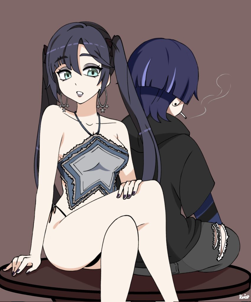 1boy 1girl alternate_costume aqua_eyes arm_at_side arm_support artist_name black_bow black_hair black_hoodie blunt_bangs blunt_ends bow breasts brown_background casual cigarette collarbone contemporary cropped_shirt crossed_legs denim earrings eyelashes eyeshadow facing_away fur-trimmed_shirt fur_trim genshin_impact grey_eyeshadow grey_lips grey_pants grey_shirt hair_between_eyes hair_bow half-closed_eyes hand_on_own_thigh highres hood hoodie jeans jewelry kriszard19 layered_sleeves long_hair long_sleeves looking_at_viewer makeup medium_breasts meme_attire mona_(genshin_impact) multicolored_hair pants parted_bangs parted_lips purple_hair purple_nails purple_sleeves scaramouche_(genshin_impact) shirt short_sleeves single_hair_intake sitting sitting_on_table sleeveless sleeveless_shirt smoke smoking star_(symbol) star_earrings streaked_hair table torn_clothes torn_pants twintails white_mouth